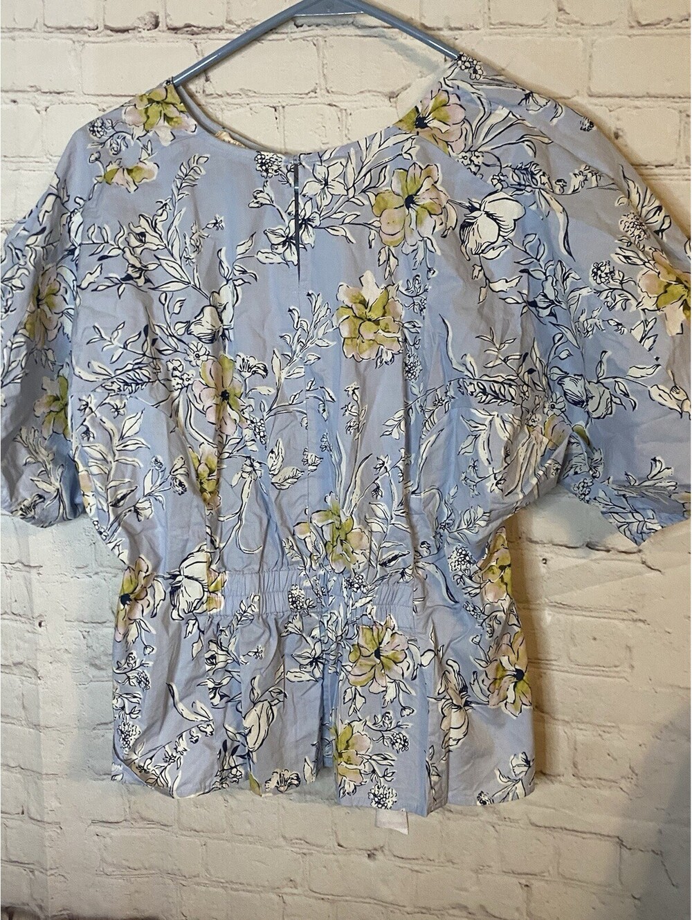 Melloday Women SZ L Floral Puff-Sleeve Light Blue Yellow Pink White Peplum Top